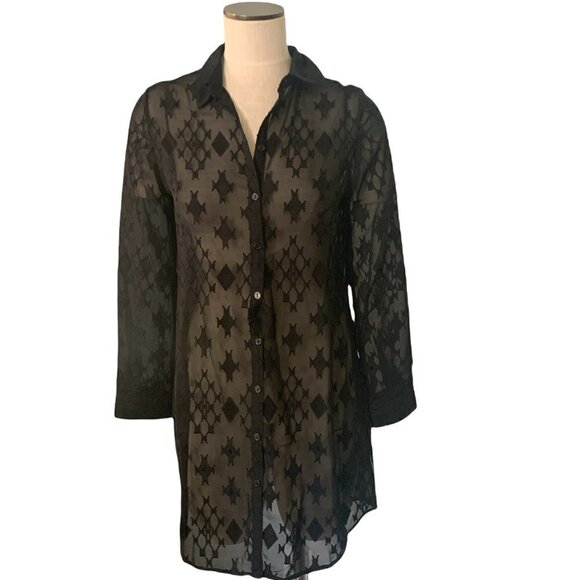 Chico's BOHO Button Front Tunic Shirt-Dress Sheer Black Patterned Sz Sm0/4 #218E - Picture 1 of 7